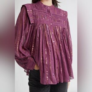 Farm Rio Burgundy Pleated Yoke Metallic Stripe Long Sleeve Button Blouse XS